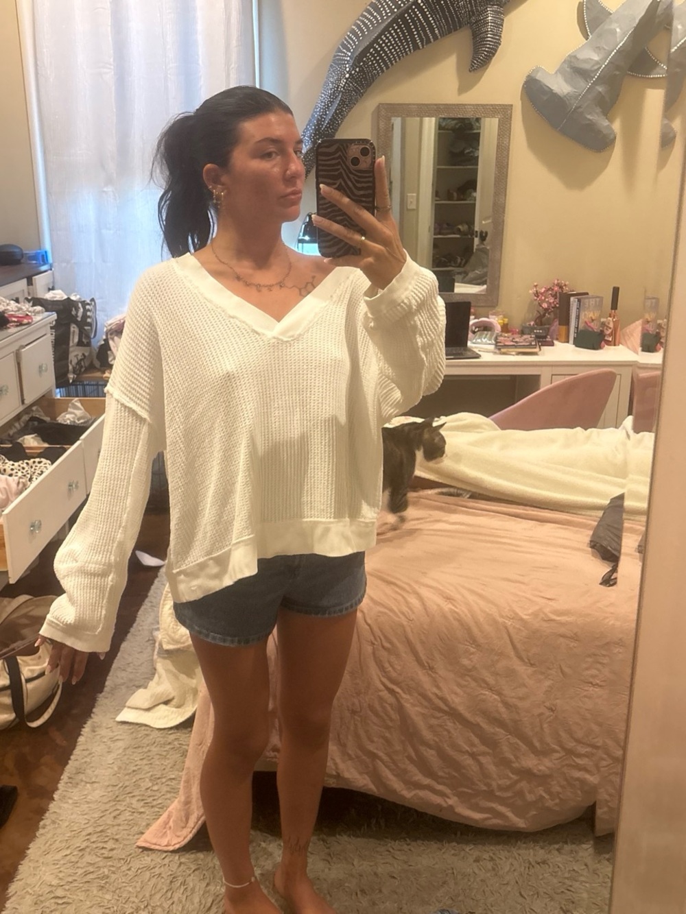 Free People Cream Waffle Knit V-Neck Pullover